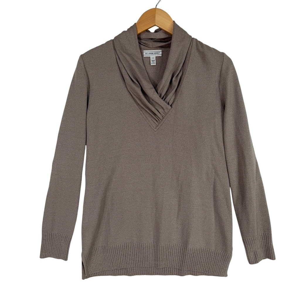 St. John Sport Sweater Women P Taupe Wool Blend Shawl Collar Knit Top